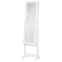 HOMCOM Lighted Mirrored Jewelry Cabinet with 16 LED Lights - 14.25" L x 11.75" W x 53.5" H - White-Solid MDF construction in white finish, black lining for protecting jewelries from scratch 