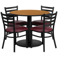 Flash Furniture 36" Round Natural Laminate Table Set with Round Base & 4 Ladder Back Metal Chairs - Burgundy Vinyl Seat-Table and Chair Set