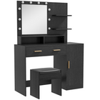 HOMCOM Vanity Desk with Mirror and Lights - 40.9" L x 15.7" W x 55.1" H - Black-Mirrored dressing table and stool perfect for personal grooming spaces 