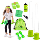 Bintiva - Mon premier ensemble de fitness-Ensemble complet : Cet équipement d'entraînement pour tout-petits comprend 11 pièces d'un ensemble de gymnastique pour une expérience d'entraînement amusante. Cela comprend 2 pièces d'haltères en plastique pour enfants qui peuvent être remplies de sable ou d'eau jusqu'à 0,5 kg chacune. Une paire d'échasses robustes avec des cordes souples ancrées qu'ils peuvent facilement saisir tout en posant leurs pieds pendant qu'ils remontent et partent.