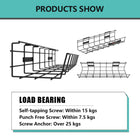 ShoppingAll Under Desk Cable Management Mesh Tray - Black - 2 Pack-Sturdy Construction: High-quality Q235 carbon steel mesh rack bears 15kg with Self-Tapping screws, 7.5kg with Punch Free Screws, and 25kg with a Screw Anchor