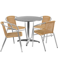 31.5'' Round Aluminum Indoor-Outdoor Table with 4 Beige Rattan Chairs (TLH-ALUM-32RD-020BGECHR4-GG)-Indoor Outdoor Sets