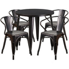 30'' Round Black-Antique Gold Metal Indoor-Outdoor Table Set with 4 Arm Chairs (CH-51090TH-4-18ARM-BQ-GG)-Indoor Outdoor Sets