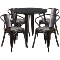 30'' Round Black-Antique Gold Metal Indoor-Outdoor Table Set with 4 Arm Chairs (CH-51090TH-4-18ARM-BQ-GG)-Indoor Outdoor Sets