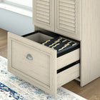 Bush Furniture Fairview 60W L Shaped Desk and Storage Cabinet with Drawer, Antique White/Tea Maple (FV009AW)-Lateral file drawer opens on smooth full extension ball bearing slides for an easy reach to the back