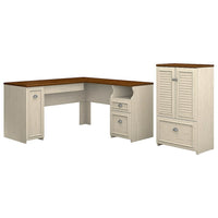 Bush Furniture Fairview 60W L Shaped Desk and Storage Cabinet with Drawer, Antique White/Tea Maple (FV009AW)-Bundle includes: 60W L Shaped Desk, Storage Cabinet with Drawer