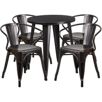 24'' Round Black-Antique Gold Metal Indoor-Outdoor Table Set with 4 Arm Chairs (CH-51080TH-4-18ARM-BQ-GG)-Indoor Outdoor Sets