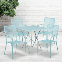 28'' Square Sky Blue Indoor-Outdoor Steel Folding Patio Table Set with 4 Square Back Chairs [CO-28SQF-02CHR4-SKY-GG]-Set Includes Folding Table and 4 Chairs