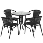 Flash Furniture 28" Round Glass Metal Table with Black Rattan Edging & 4 Black Rattan Stack Chairs-Table and Chair Set