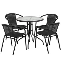 Flash Furniture 28" Round Glass Metal Table with Black Rattan Edging & 4 Black Rattan Stack Chairs-Table and Chair Set