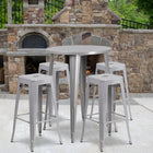 30'' Round Silver Metal Indoor-Outdoor Bar Table Set with 4 Square Seat Backless Barstools (CH-51090BH-4-30SQST-SIL-GG)-30"W x 30"D x 41"H
