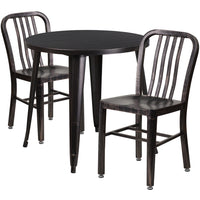 30'' Round Black-Antique Gold Metal Indoor-Outdoor Table Set with 2 Vertical Slat Back Chairs [CH-51090TH-2-18VRT-BQ-GG]-Metal Cafe Table